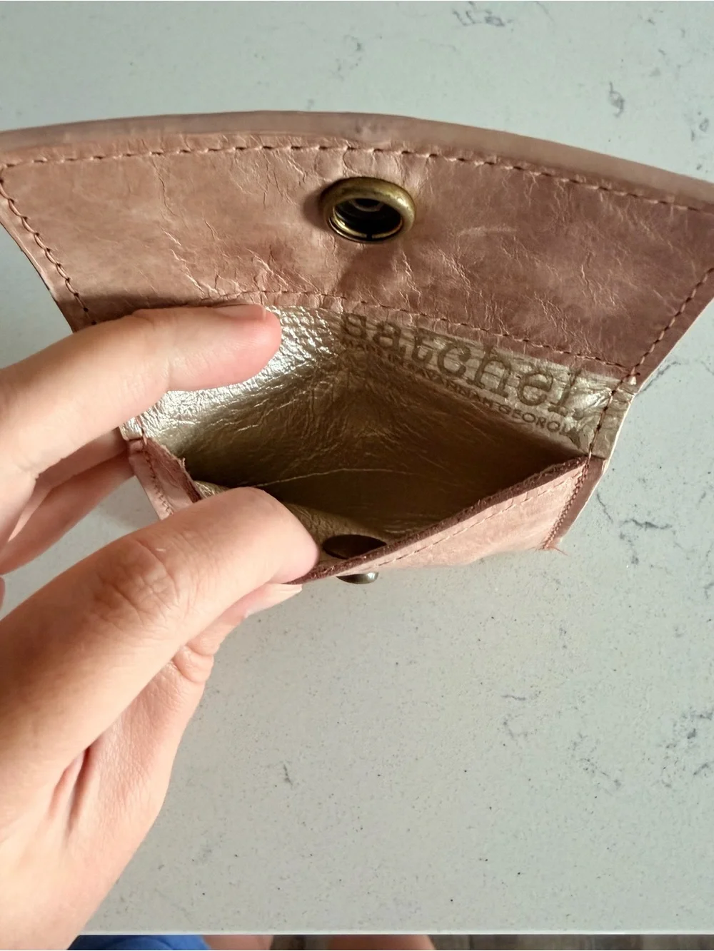 Leather Card Wallet in Dusty Pink with Brass Snap
